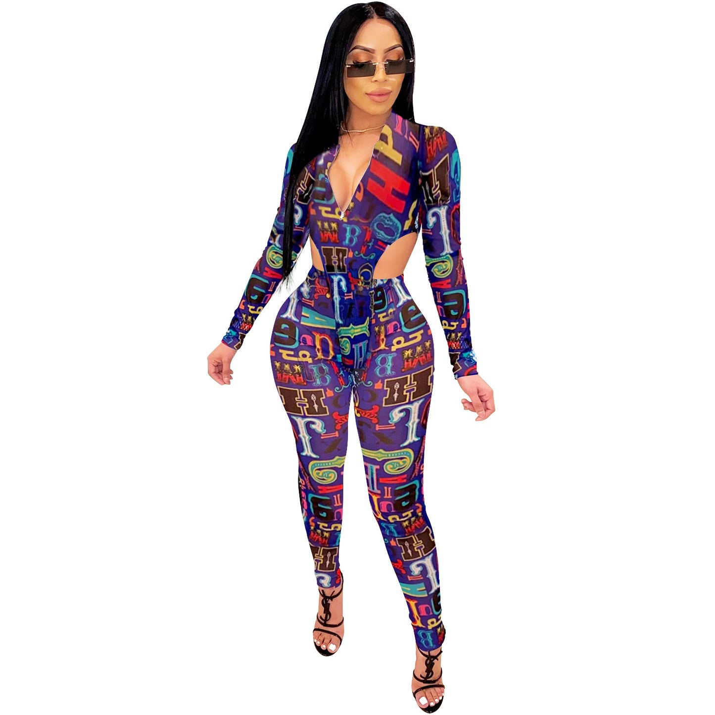 Mesh Sheer Transparent Geometric V-Neck Tropical/Graffiti Print Long Sleeve Crop Top + Skin Tight Leggings Women's 2-Piece Set
