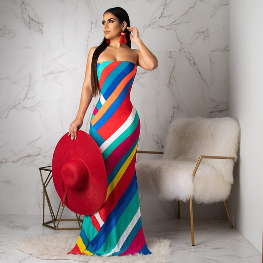 Rainbow Striped Colorblock Print Criss-Cross Back Tube Maxi Dress