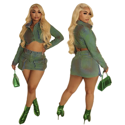 Washed Denim Faded Colorblock Pattern Women's Cropped Jean Shirt + Double Pocketed Cargo Mini Skirt 2-Piece Set