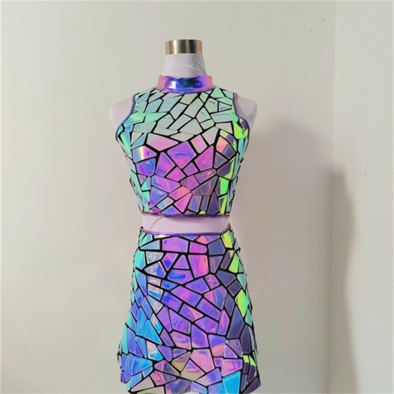 Metallic Silver Purple Geometric Print Sleeveless Crop Top + Mini Skirt 2-Piece Set