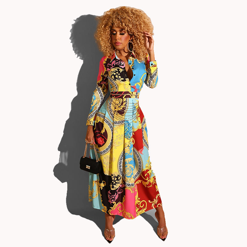 Designer Baroque Medallion Floral Print Turn-Down Collar Long Sleeve Shirt Dress