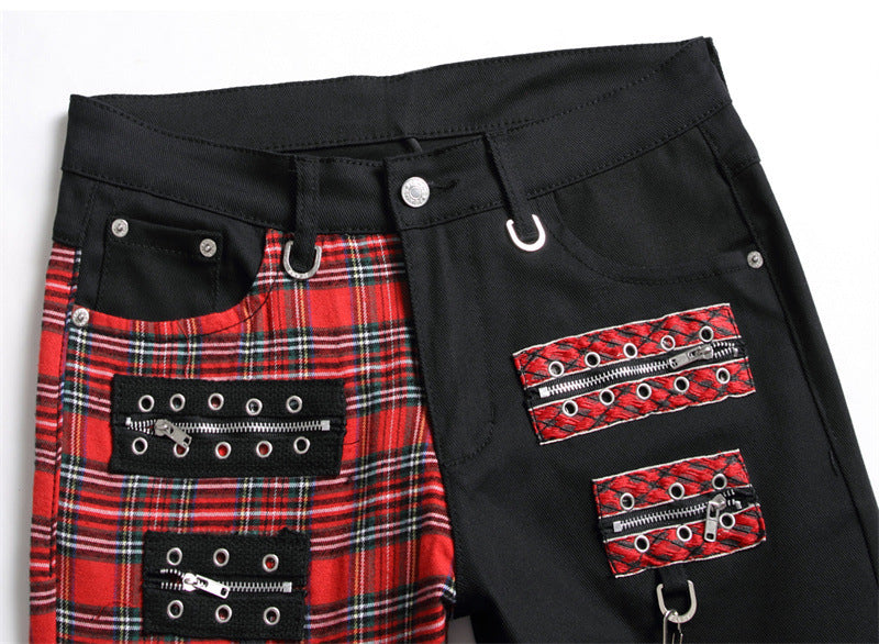 Men's Irregular Plaid Patchwork Black/Red Zipper Design Panelled Colorblock Straight Leg Hip-Hop Skinny Jeans