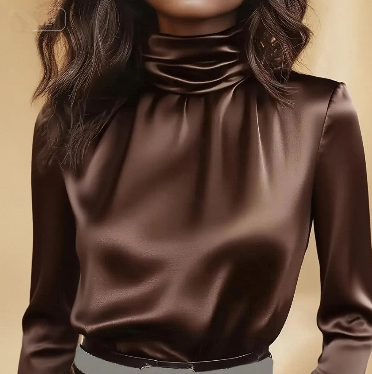 Satin Turtleneck Solid Color Long Sleeve Women's Office Blouse