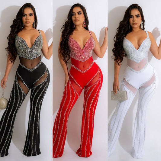 Rhinestone Striped Transparent Sheer Sleeveless Women's Deep V-Neck Party Jumpsuit