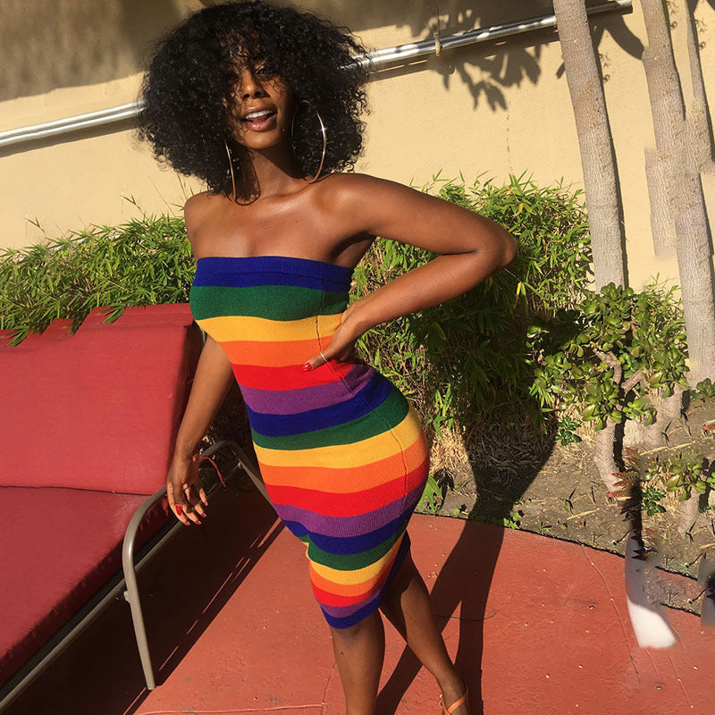 Rainbow Striped Colorblock Print Sleeveless Bodycon Skin Tight Tube Dress
