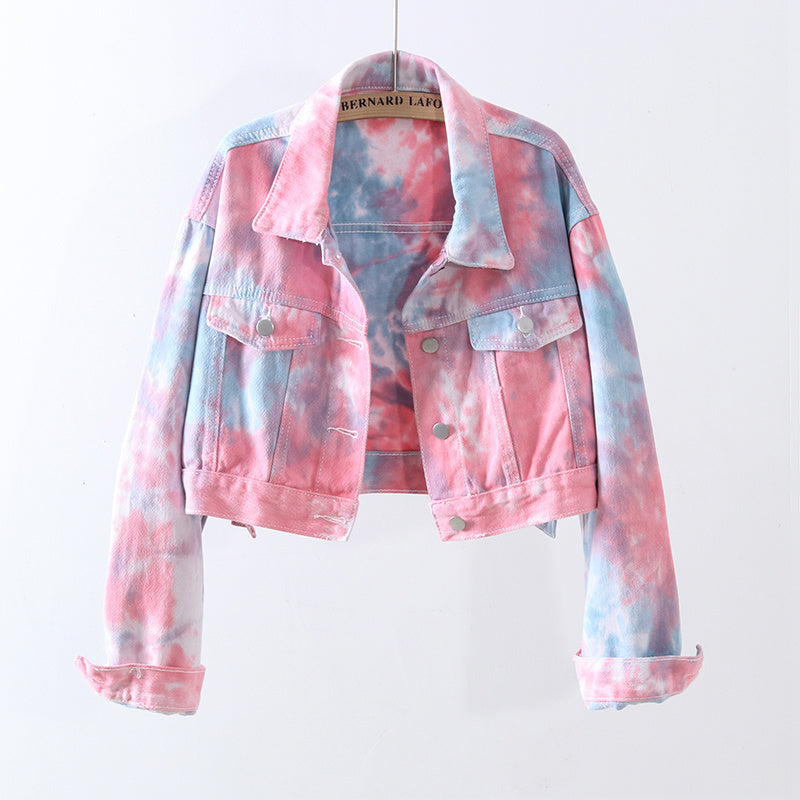 Tie-Dye Pink/Baby Blue Denim Short Women's Crop Jean Jacket