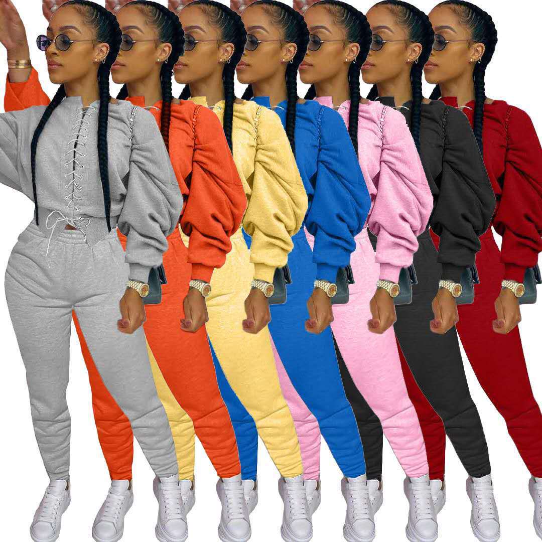 Puffed Balloon Sleeve Criss-Cross Women's Lace-Up Sweatshirt + Jogger Sweatpants Tracksuit to 3X Plus Size