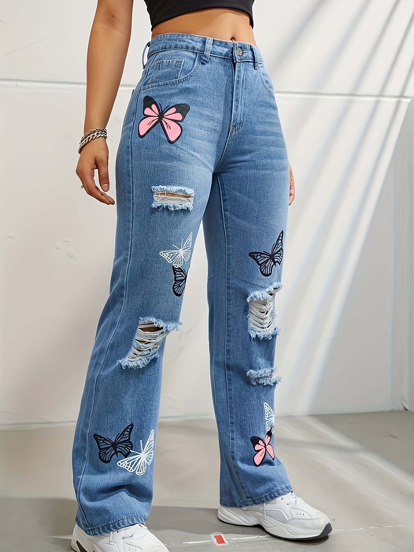 Butterfly Print Ripped Washed Distressed Denim Women's Jeans