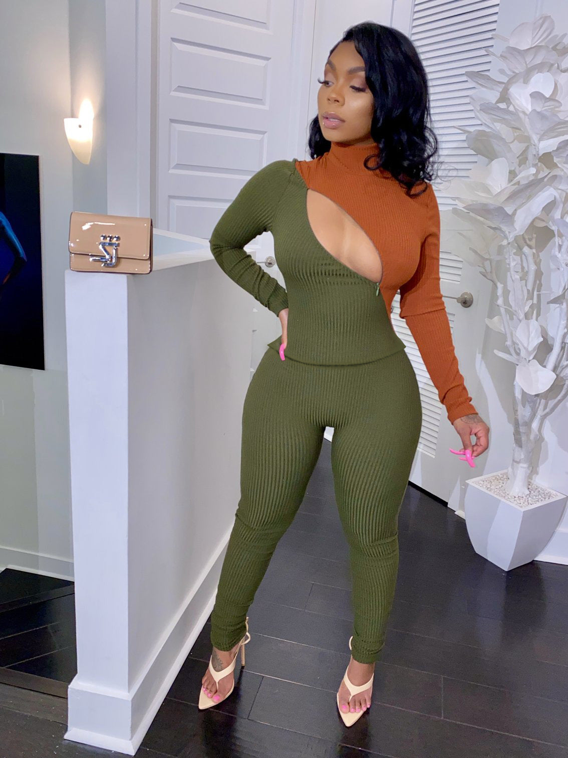 Colorblock Mock Neck Hollow-Out Long Sleeve Skinny Women's Jumpsuit