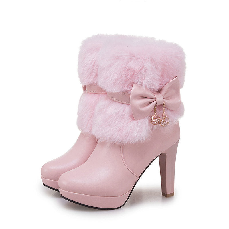 Bow Design Faux Fur PU Leather Women's Round Toe Thick Heel Zipper Ankle Boots