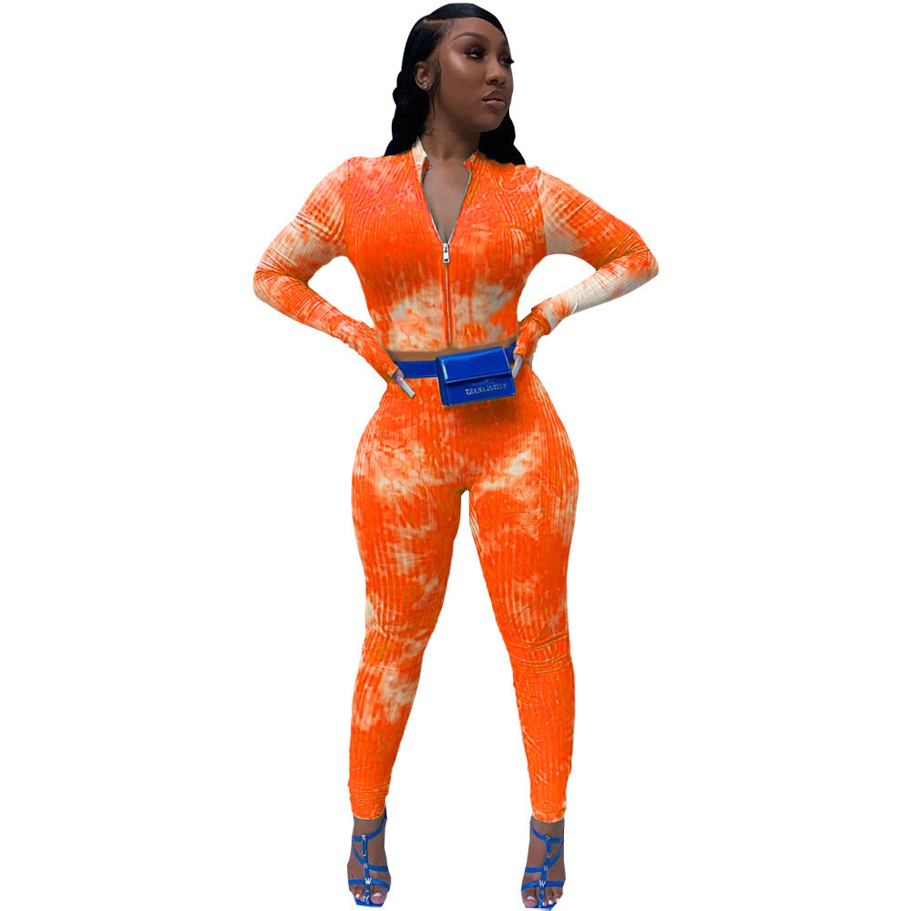 Tie-Dye Print Ribbed Long Sleeve Fitness Zipper Crop Jacket + Skinny Workout Gym Leggings Women's Tracksuit