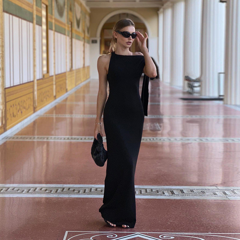 Asymmetrical One Shoulder Hanging Ribbon Detail Skinny Sleeveless Maxi Evening Party Dress