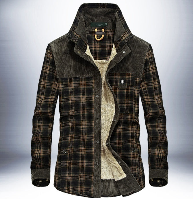Men's Plaid Colorblock Fleece Lined Pure Cotton Button-Up Jacket