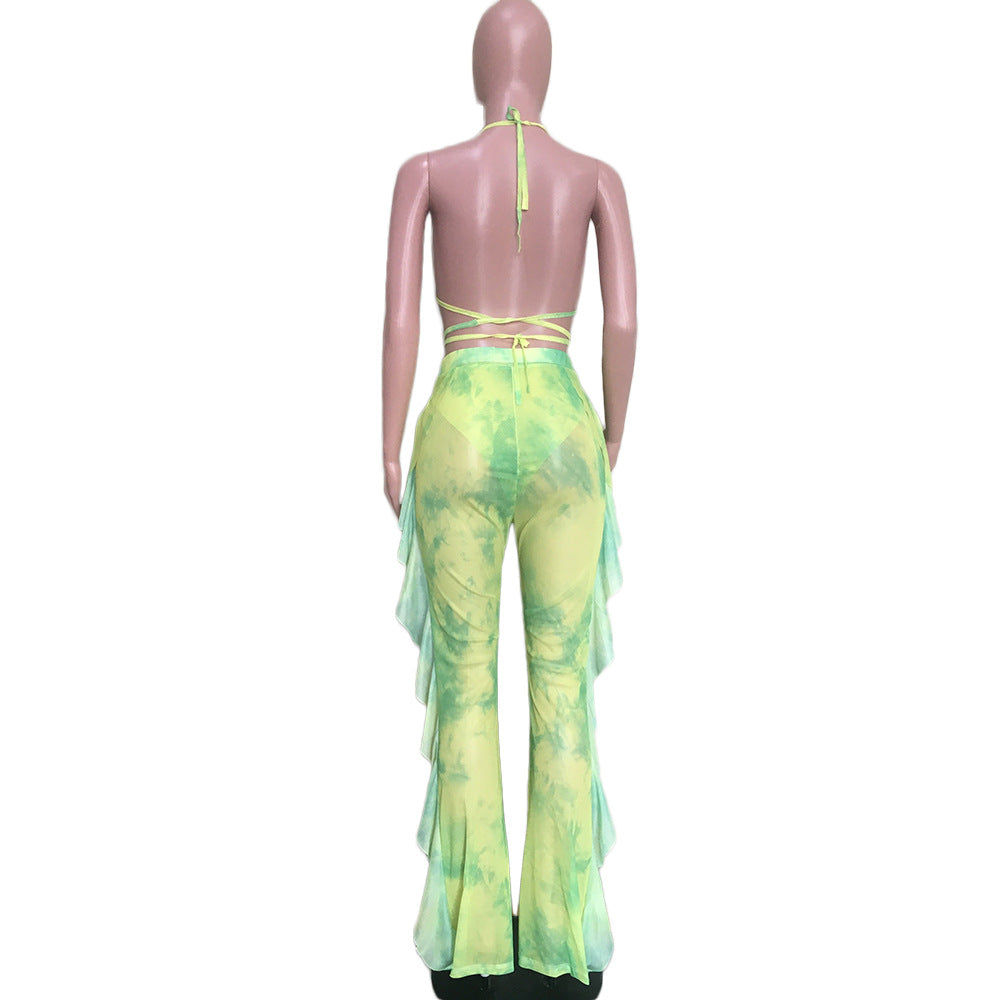 Mesh Butterfly/Tie-Dye Print Bikini Top + Tassel Fringe Design Pants Women's 2-Piece Set