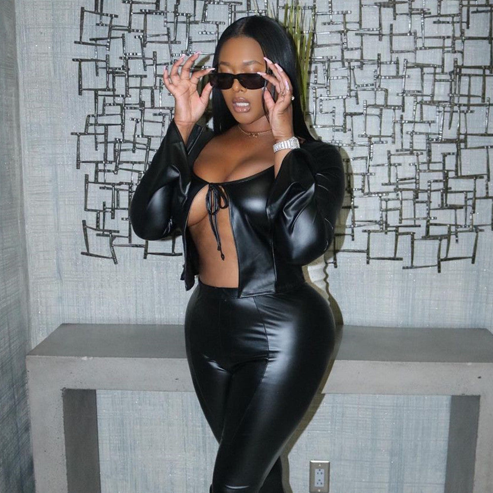 Black PU Leather Open Lace-Up Women's Long Sleeve Jacket + Skin Tight Leggings 2-Piece Set