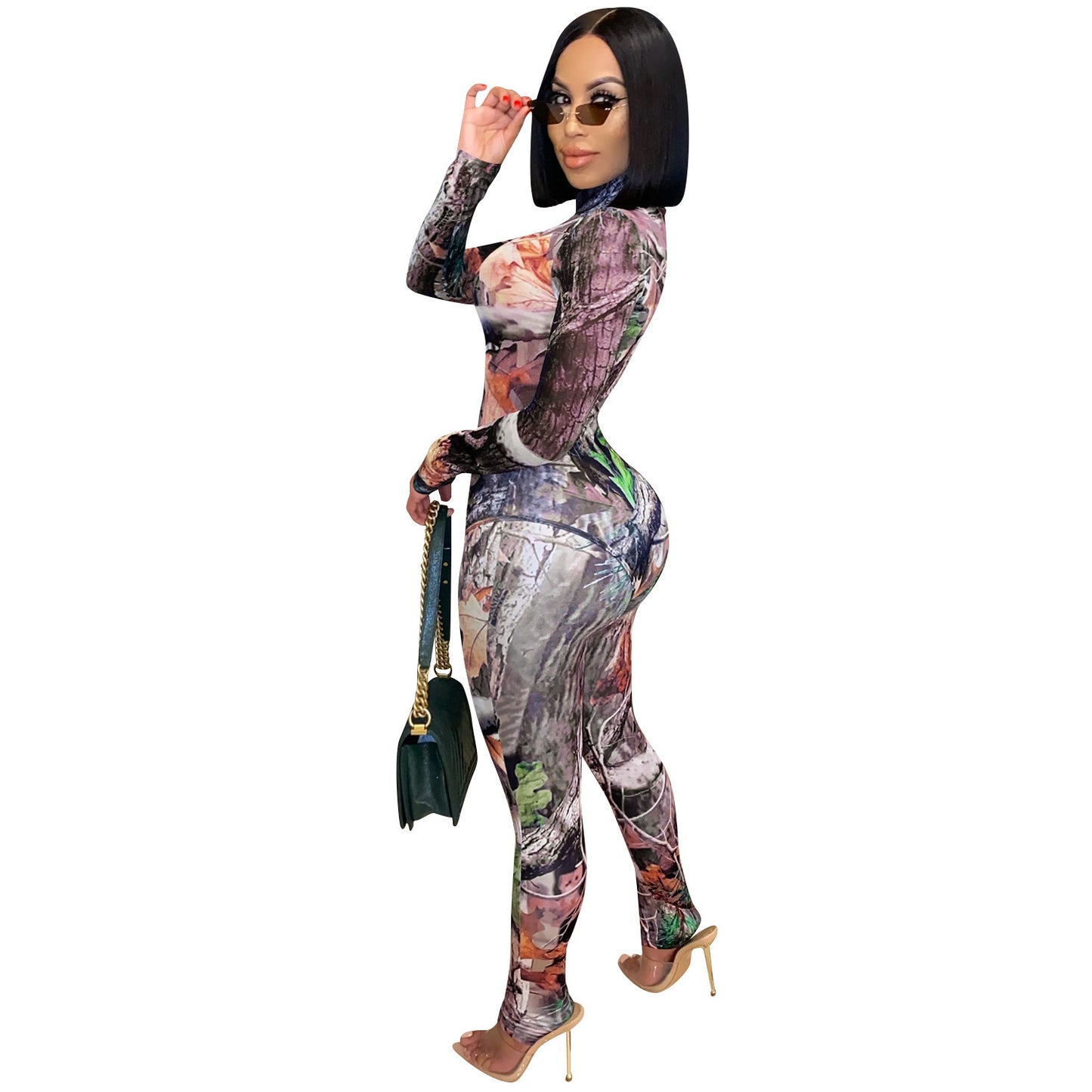 Mesh Sheer Transparent Floral Geometric Print Long Sleeve Women's Top + Skinny Leggings 2-Piece Set