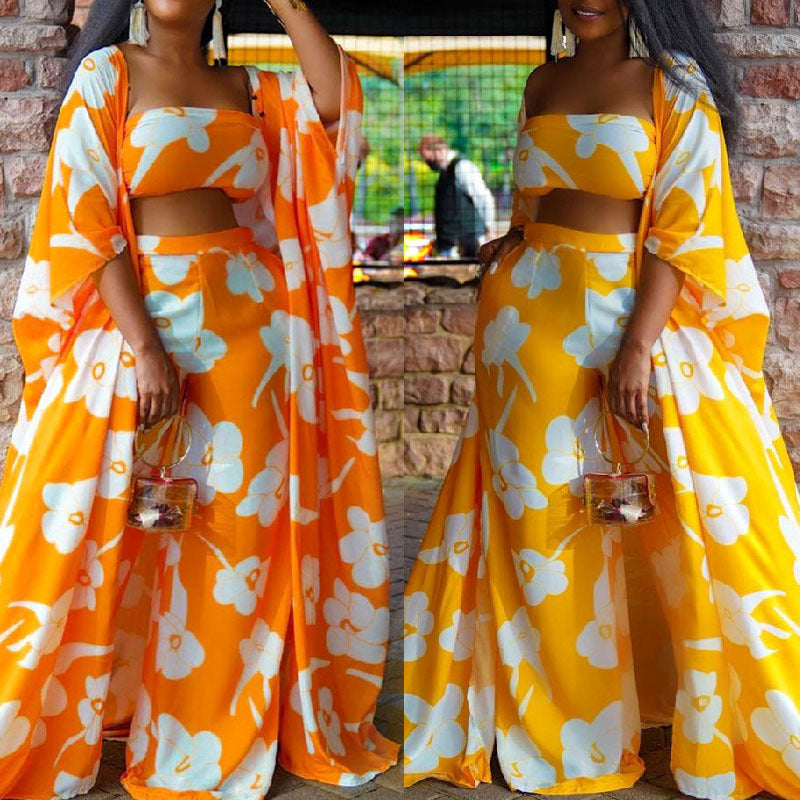 Flower Print Maxi Women's Cardigan + Bra + Wide Leg Loose Pants 3-Piece Beach Set