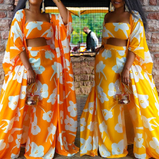 Flower Print Maxi Women's Cardigan + Bra + Wide Leg Loose Pants 3-Piece Beach Set