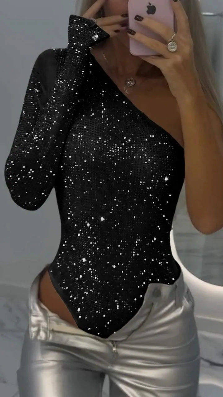 Sparkling Glitter One Shoulder Rhinestone Sequin Women's Asymmetrical Top to 3X Plus Size