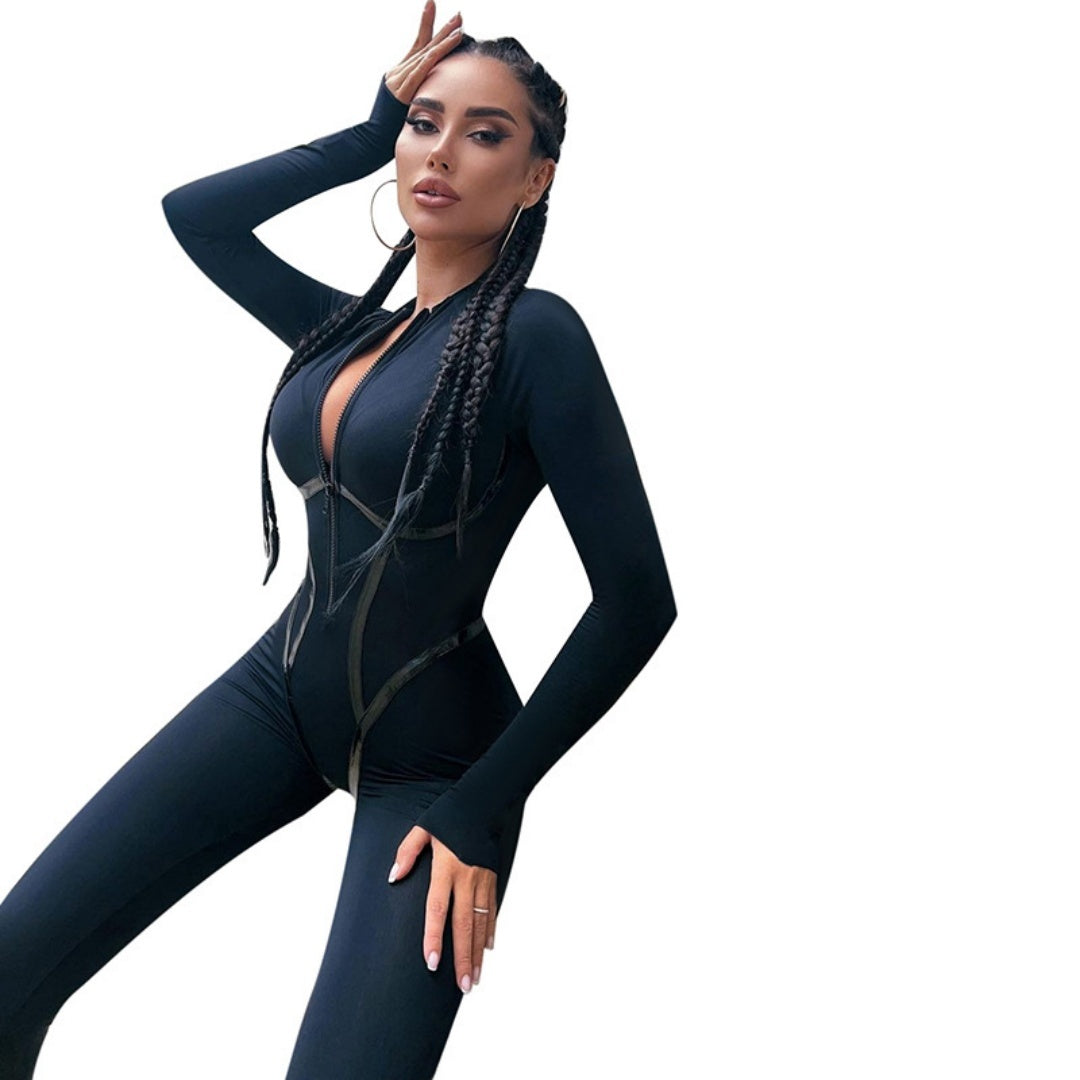 Leather Ribbon Split Line Design Women's Long Sleeve Zipper Skinny Jumpsuit