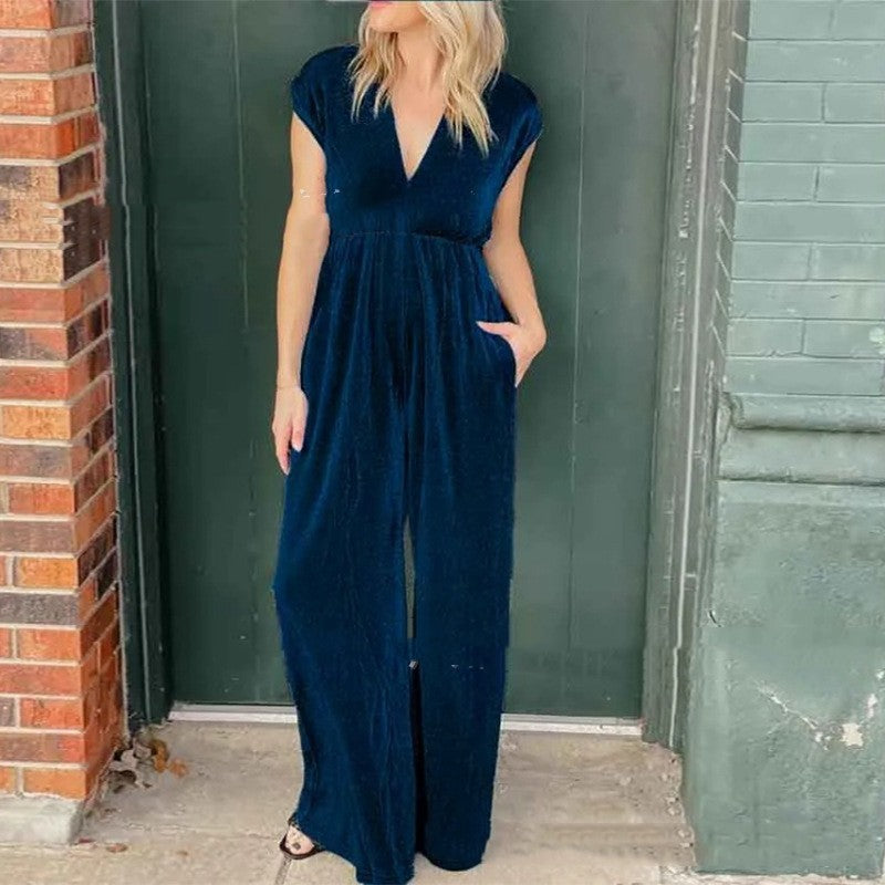 Velvet Loose Sleeveless Solid Color V-Neck High Elastic Waist Women's Jumpsuit to 5X Plus Size