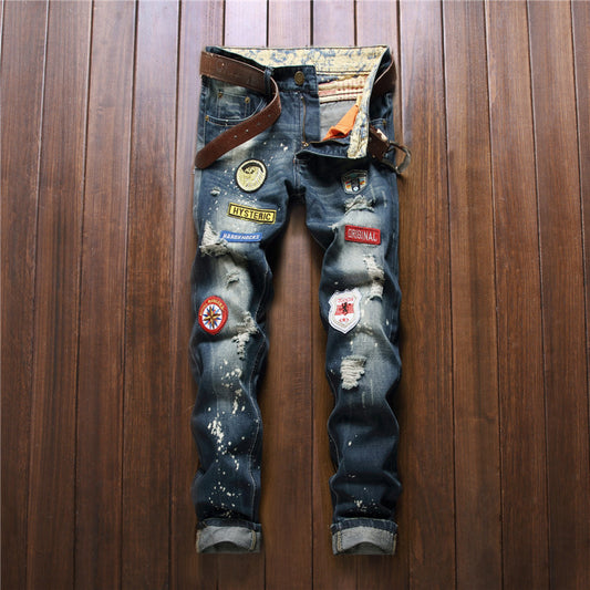 Men's Denim Patchwork Splash Ink Design Hip-Hop Ripped Skinny Jeans
