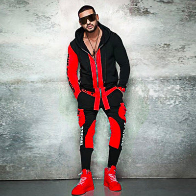 Men's Colorblock Letter Print Hip-Hop Zipper Hoodie Jacket + Skinny Jogger Sweatpants Tracksuit