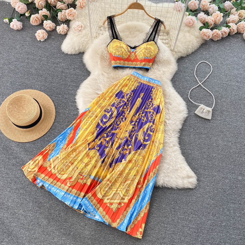 Baroque Lace Stitched Floral Print Crop Tank Top + Pleated Maxi Skirt Women's 2-Piece Set