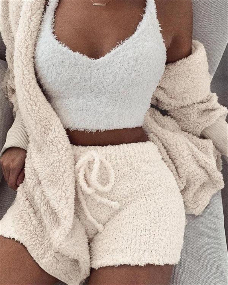 Fleece Solid Color Open Women's Long Sleeve Maxi Cardigan w/ Sash Belt, Crop Tank Top + Drawstring Shorts 3-Piece Knitted Pajamas Set