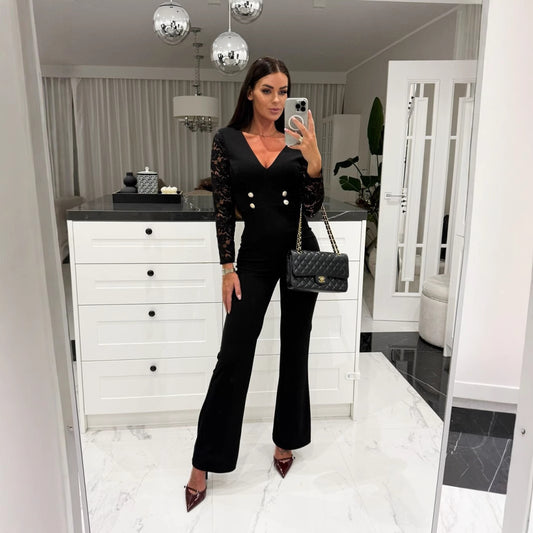 Double Button Design Long Sleeve Women's V-Neck Business Blazer Jumpsuit