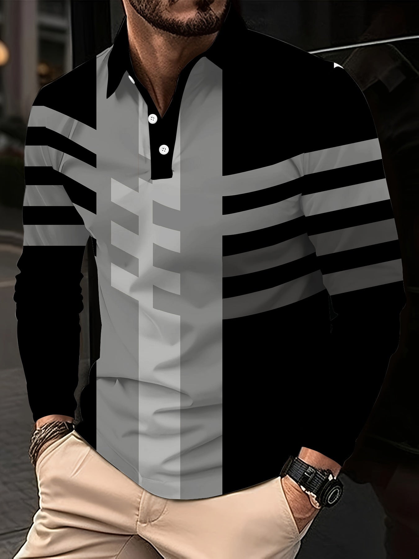 Men's Striped Colorblock Quarter Button-Up Long Sleeve Pullover Shirt