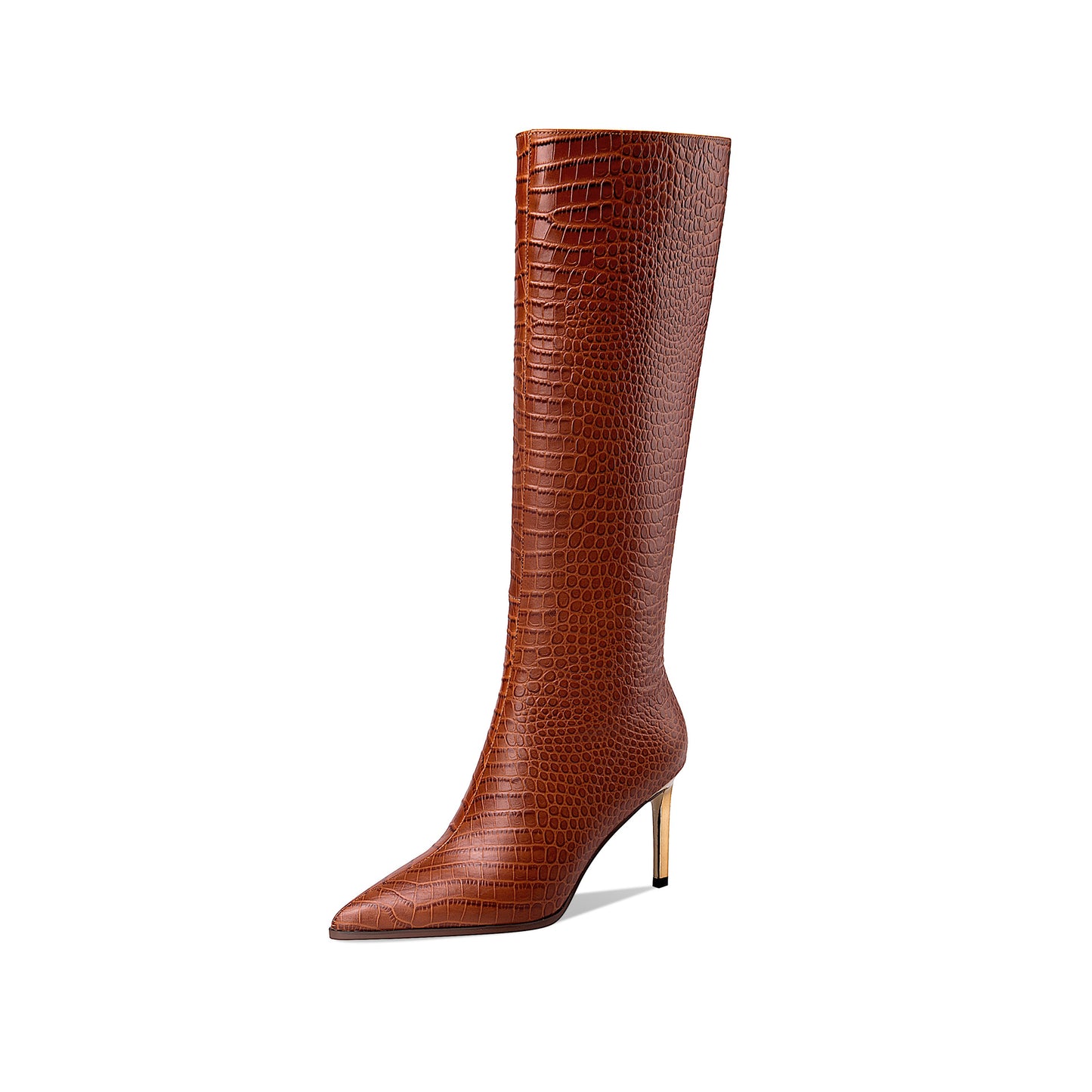 Croc Pattern Gold Metal Heel Women's Pointed Toe Knee-High Rider Boots
