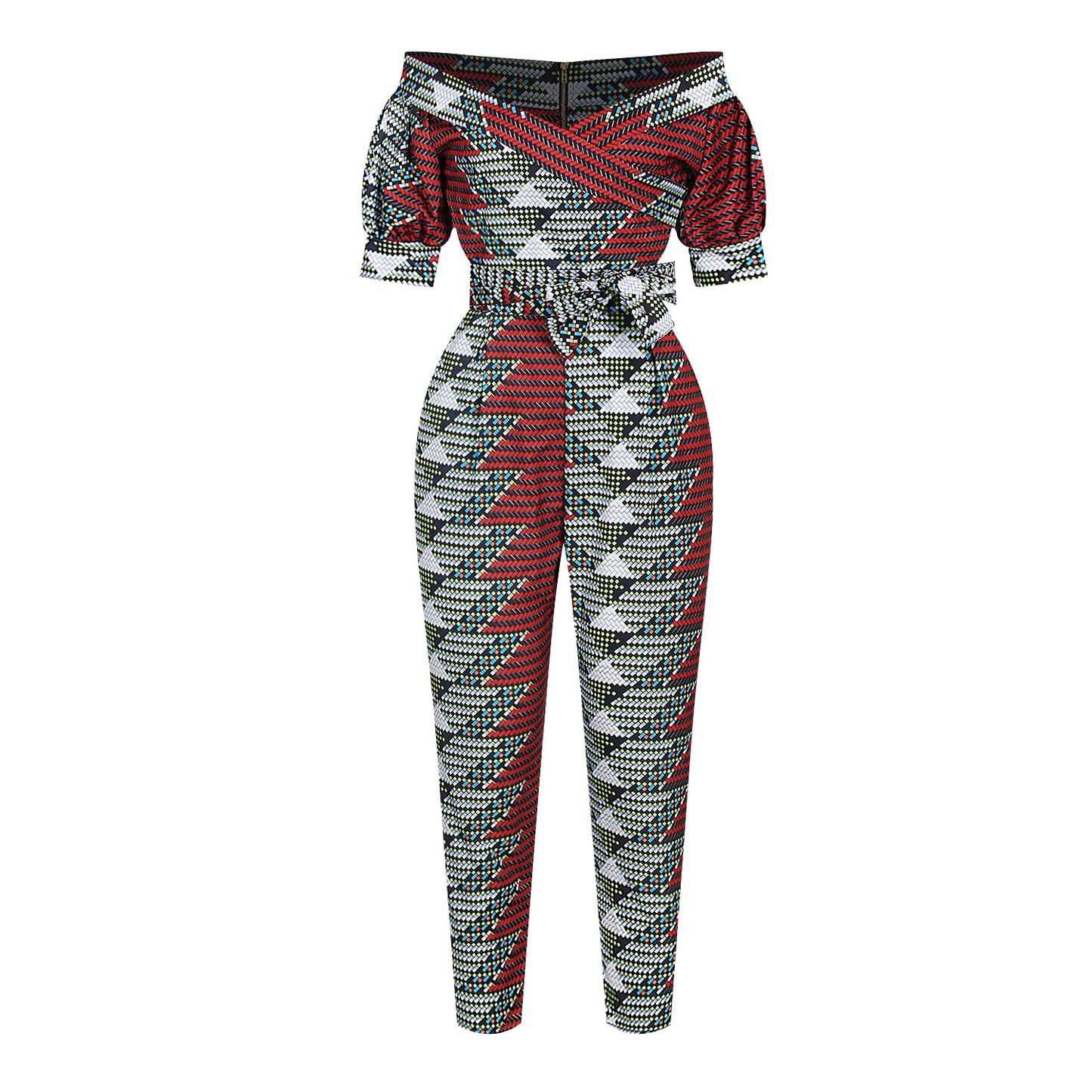 Off-the-Shoulder African Print Deep V-Neck Puff Sleeve One-Piece Jumpsuit