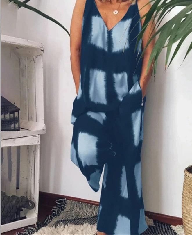 Sleeveless Colorblock Geometric Print Cotton Hemp V-Neck Pocketed Women's Jumpsuit to 3X Plus Size