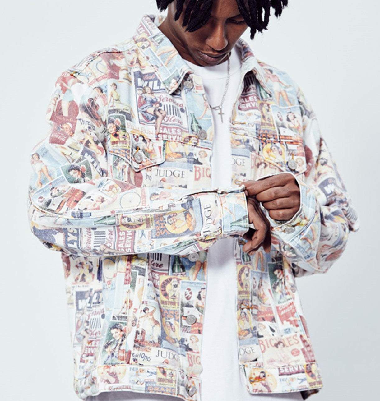 Men's Art Magazine Print Hip-Hop Washed Vintage Loose Cowboy Jean Jacket