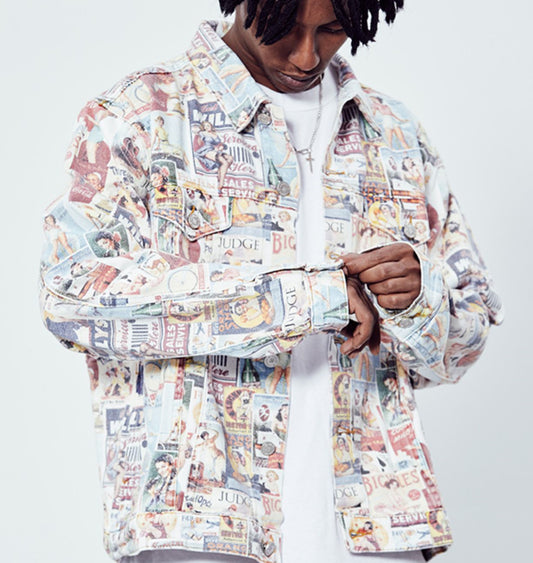 Men's Art Magazine Print Hip-Hop Washed Vintage Loose Cowboy Jean Jacket