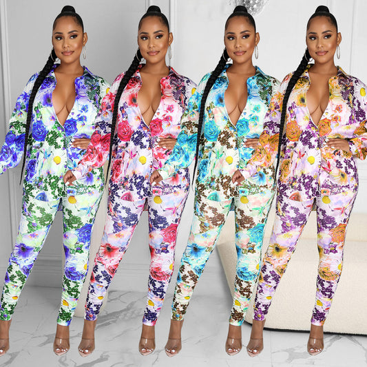 Big Flower Multi-Colored Print Long Sleeve Turn-Down Collar Blouse + Leggings 2-Piece Suit
