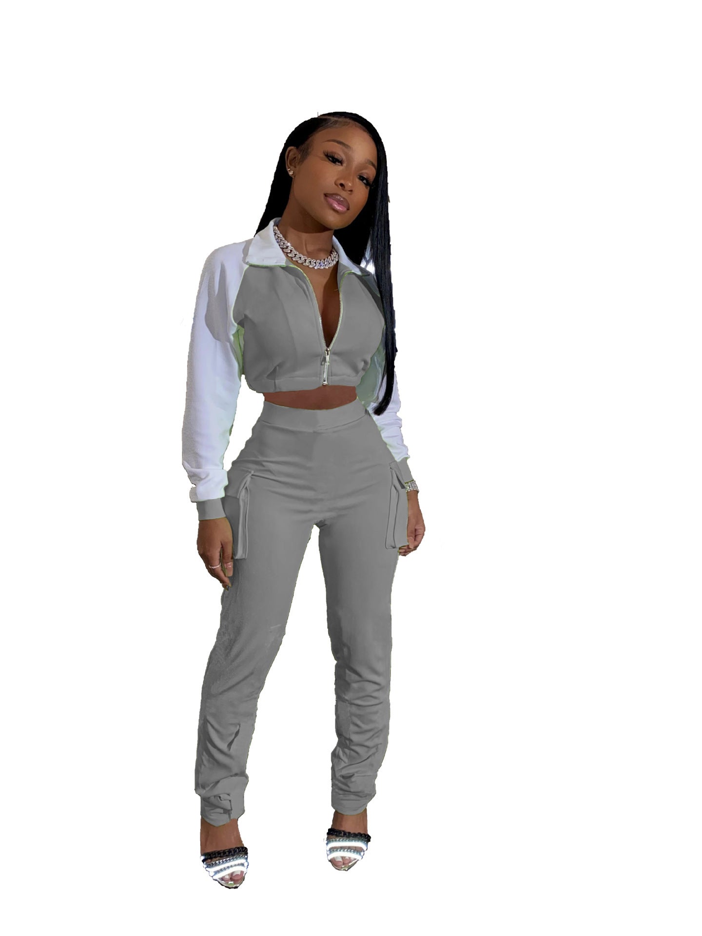 Colorblock Turn-Down Collar Cropped Sports Zipper Jacket + Cargo Pocketed Sweatpants Women's Tracksuit