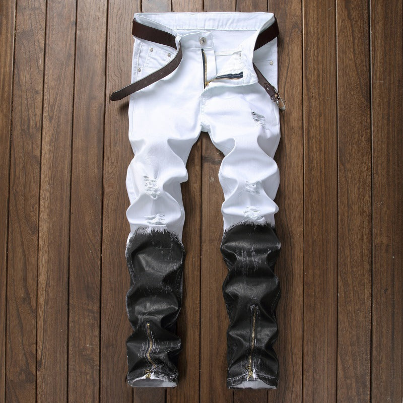 Men's Denim Colorblock 2-Tone Reverse Leg Zipper Design Ruched Skinny  Jeans