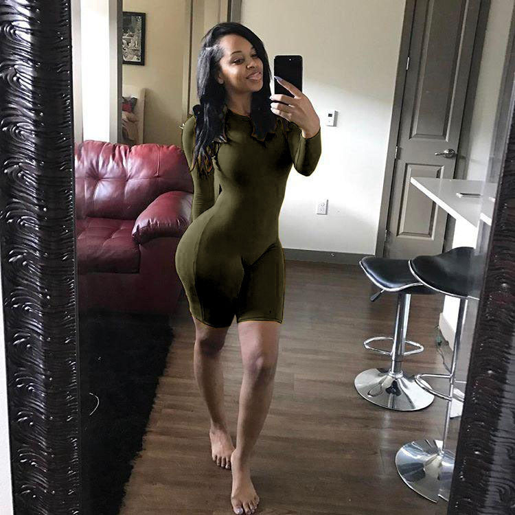 Bodycon Women's Long Sleeve Solid Color Fitness Shorts Romper