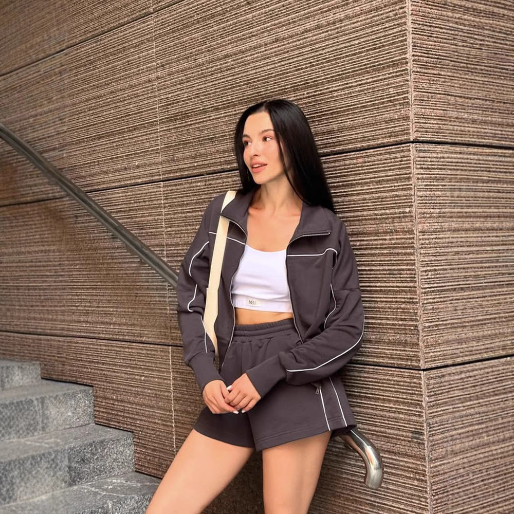 Striped Women's Zipper Sport Jacket + Elastic Shorts Two-Piece Set