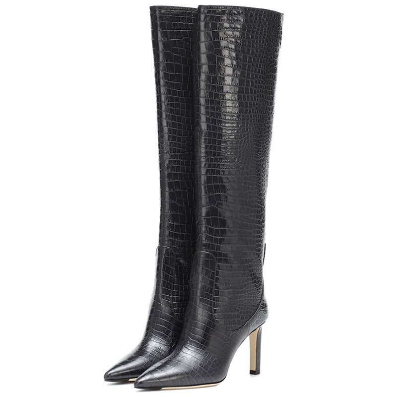 Tall Croc Pattern Pointed Toe Knee-High Women's High Heel Knight Boots