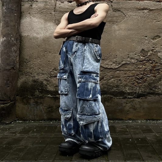Men's Dark Blue/Grey Tie-Dye Retro Colorblock Baggy Hip-Hop Multi-Pocketed Wide Leg Cargo Jeans