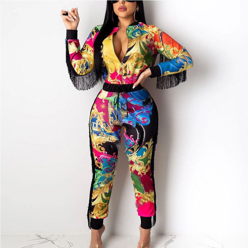 Floral Baroque Multi-Colored Turn-Down Collar Long Sleeve Blouse + Leggings 2-Piece Set