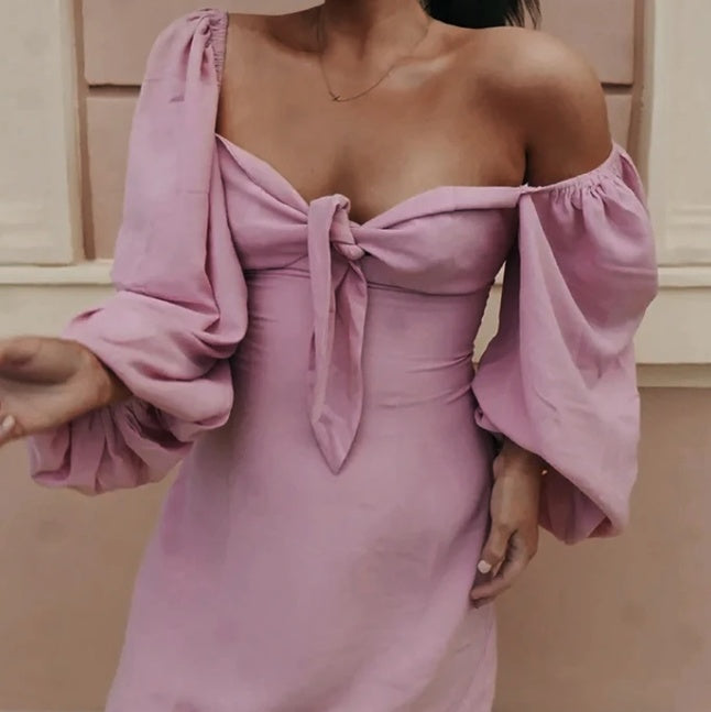 Retro Long Puff Sleeve Bowknot Decor Off-the-Shoulder Mini Dress