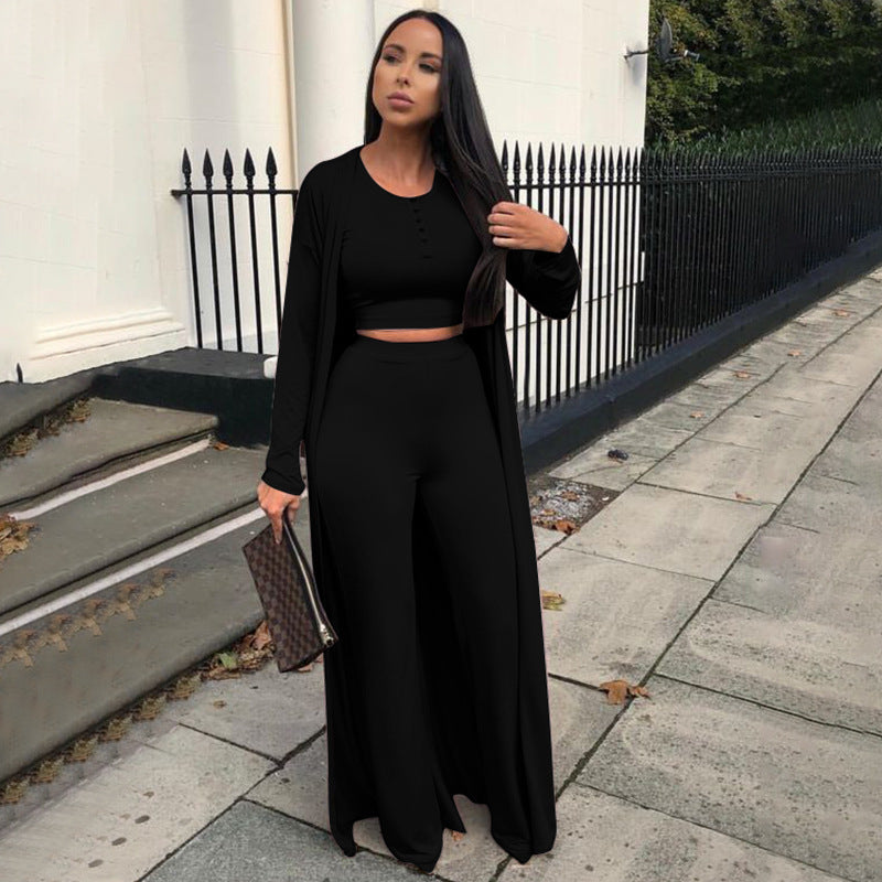 Open Solid Color Women's Maxi Cardigan + Button-Up Crop Top + Elastic Waist Leggings 3-Piece Set
