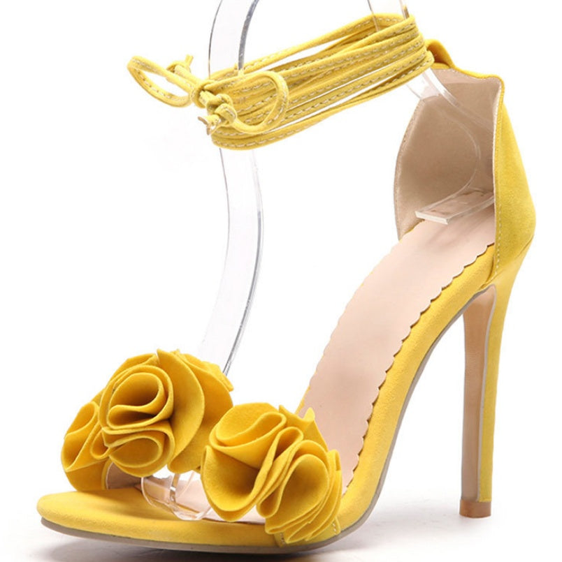 Flower Embroidered Suede Open Toe Ankle Round Strap Stiletto Heel Sandal Pumps