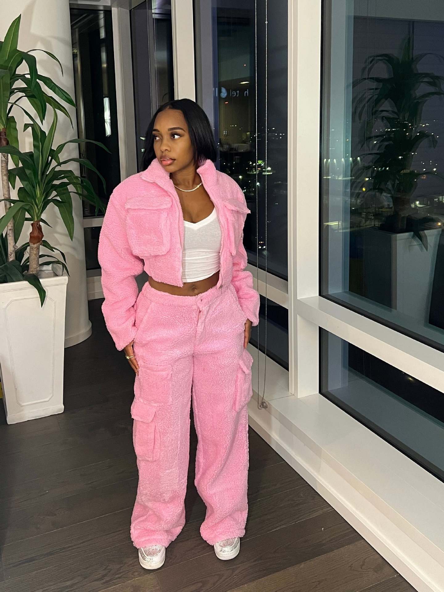 Fleece Women's Pocketed Zipper Jacket + Cargo Sweatpants Tracksuit