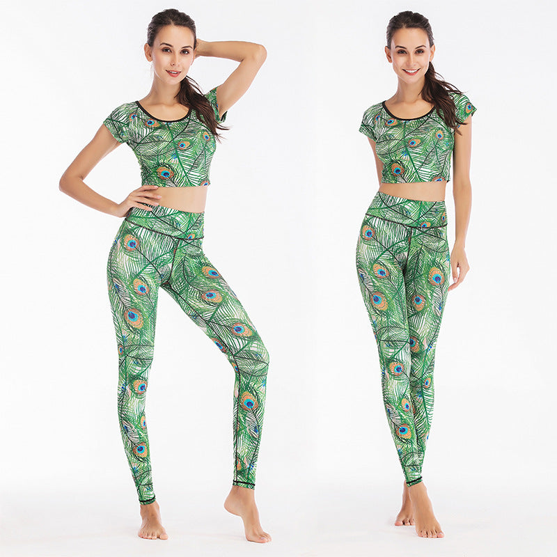 Snakeskin/Camoflauge/Leopard/Geometric Print Short Sleeve Fitness O-Neck Crop Top + Skinny Workout Leggings Women's 2-Piece Set