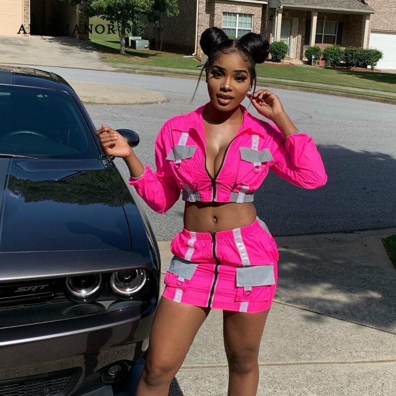 Neon Streetwear Crop Zipper Bomber Jacket + Mini Skirt 2-Piece Set